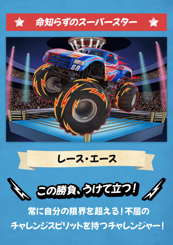 命知らずのスーパースター レース・エース この勝負、うけて立つ！ 常に自分の限界を超える！不屈のチャレンジスピリットを持つチャレンジャー！